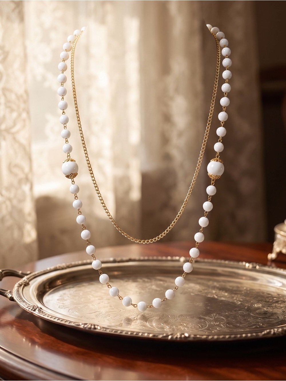 Gold tone Chain Necklace with White Beads - Elegant Layered Women's Jewelry